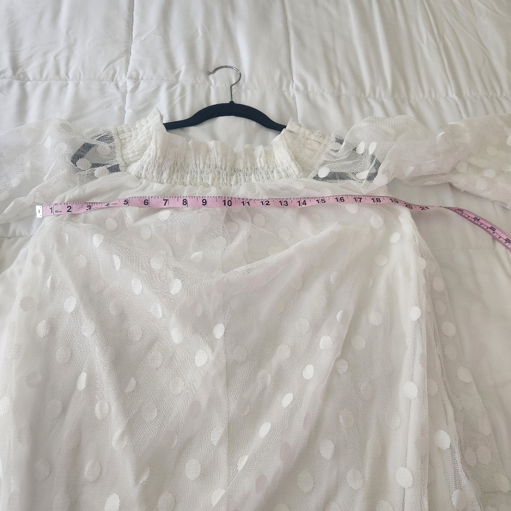 White polka dot bell sleeve dress. Stretchy collar that can be worn off shoulder - Picture 6 of 11
